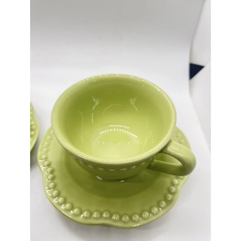 SET OF 2 POTTERY BARN EMMA GREEN BEADED CUP & SAUCER SETS PORTUGAL